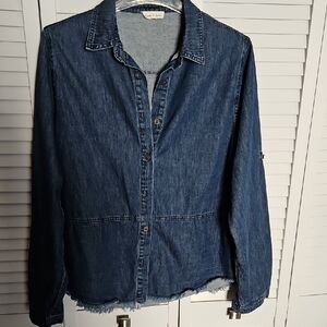 AARON & AMBER RAW HEM DARK DENIM BUTTON FRONT SHIRT Sz L